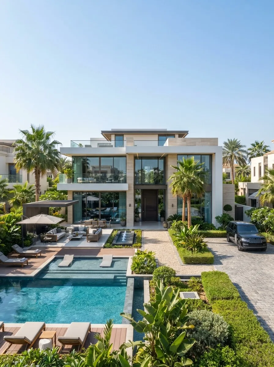 Modern villa with a pool and palm trees in Dubai