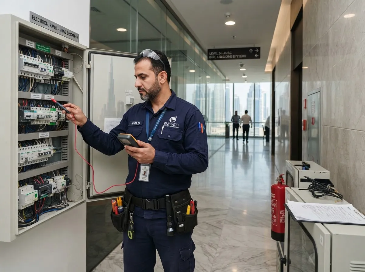 Facility technician inspecting an electrical panel in a commercial building