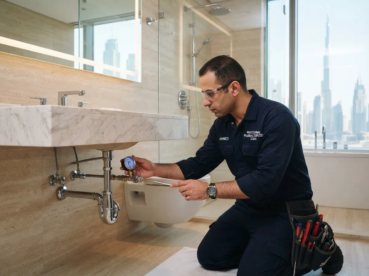Plumber checking water pressure under a bathroom basin